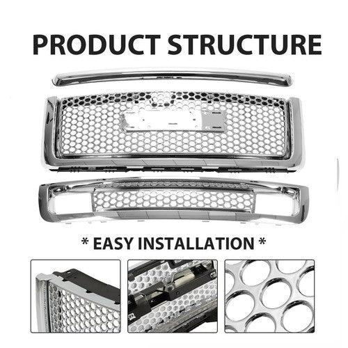 Upper Lower Grille Hood Molding Chrome for 2007-13 GMC Sierra 1500 Denali Pickup
