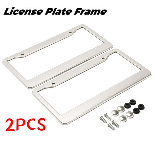 DURAFORCE Chrome Stainless Steel Metal License Plate Frame Tag Cover With Screw Caps 2 Pack