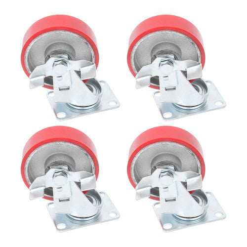 DURAFORCE Four 4-inch red polyurethane galvanized casters with side brakes