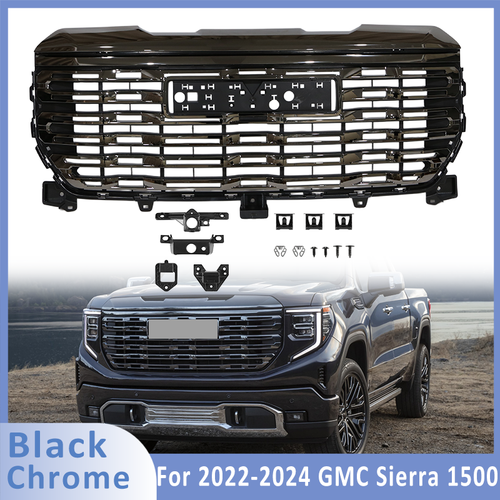 For 2022-2024 GMC Sierra 1500 Denali Black Chrome Front Bumper Grille Grill