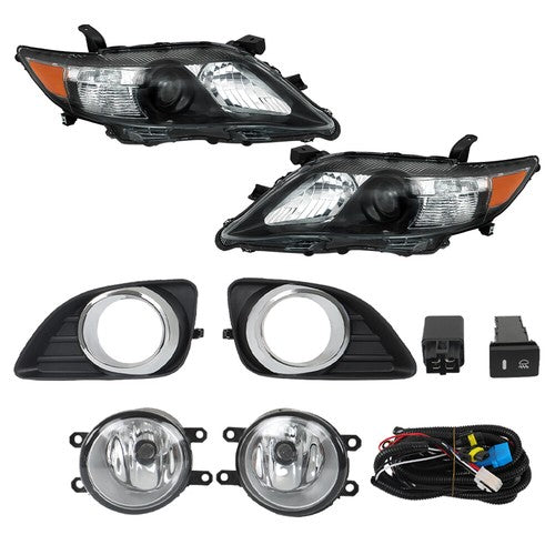 DURAFORCE Headlights Black Fog Lights+Switch Kit For 10-11 Toyota Camry SE Left+Right Side