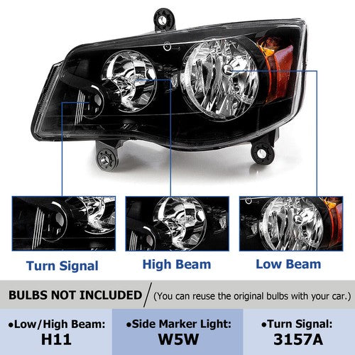 Headlights for 11-19 Dodge Grand Caravan 08-16 Chrysler Town and Country Left Driver