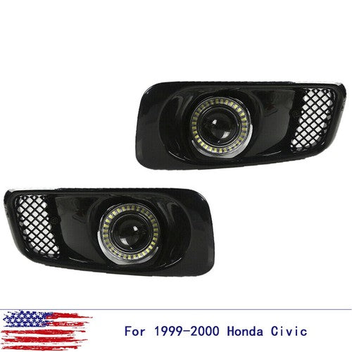 DURAFORCE For 1999-2000 Honda Civic Clear Lens LED Halo Projector Fog Lights Lamps DRL
