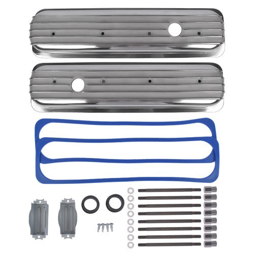 DURAFORCE Finned Polished Aluminum Center Bolt Short Valve Covers For SBC 350 5.7 5.0 V8