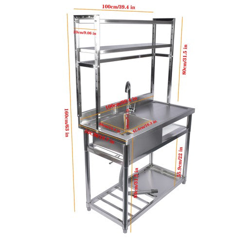 DURAFORCE 39.4in Stainless Steel Utility Sink Set, Single Bowl Commercial Sink w/ Shelves