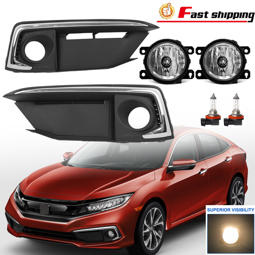 DURAFORCE Pair Front Bumper Chrome Fog Light w/Cover For 2019-2020 Honda Civic Sedan/Coupe