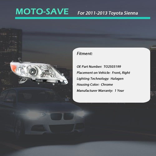 DURAFORCE Fit For Toyota Sienna 2011 2012 2013 Headlight Lamps Right Passenger Side Chrome