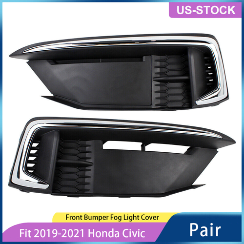 DURAFORCE Front Fog Light Lamp Covers W/Chrome for 2019-2021 for Honda Civic Coupe Sedan
