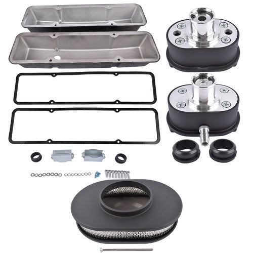 DURAFORCE Polished Aluminum Finned Tall Valve Cover & 12" Air Cleaner for SBC 58-86 Black