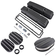 DURAFORCE Finned Tall Valve Covers & 12 Oval Half Air Cleaner & Breather Kit for SBC Black
