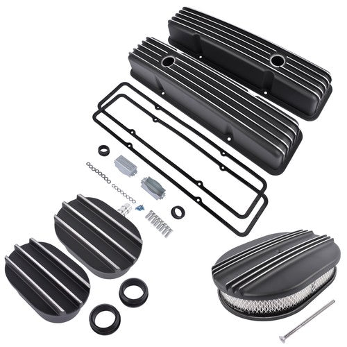 DURAFORCE Finned Tall Valve Covers & 12 Oval Half Air Cleaner & Breather Kit for SBC Black