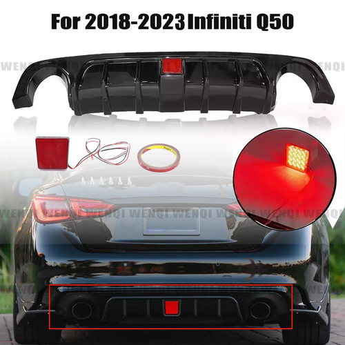 DURAFORCE Rear Bumper Diffuser Lip W/ Brake LED For 2018 19-2023 Infiniti Q50 Glossy Black