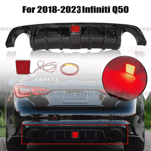 DURAFORCE Rear Bumper Diffuser Lip W/ Brake LED For 2018 19-2023 Infiniti Q50 Glossy Black