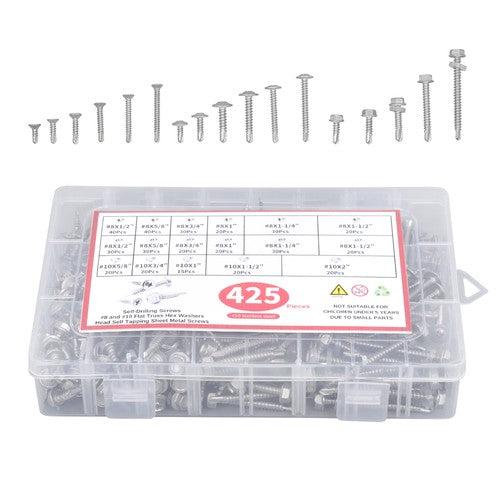 DURAFORCE 425 Pcs 410 Stainless Steel Self-Tapping Screws, #8 #10 Self-Drilling Set
