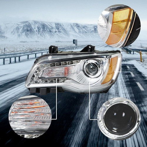 DURAFORCE Fit For Chrysler 300 2011-2014 LH/Left Headlight Replacement Chrome Housing