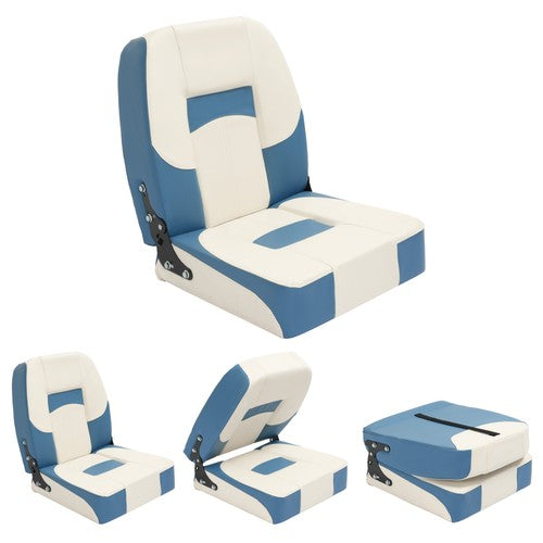 DURAFORCE White+Blue Low Back Folding Fishing Seat Captain Chair Boat Seat Foam Padding