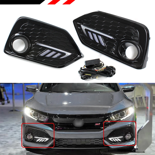 DURAFORCE L+R Fog Lights For 2016-2021 Honda Civic Hatchback DRL LED Daytime Running Lamps