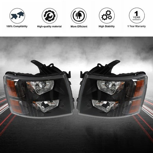 DURAFORCE Headlights Headlamps Black Housing Pair For 07-14 Chevy Silverado 1500-3500 New