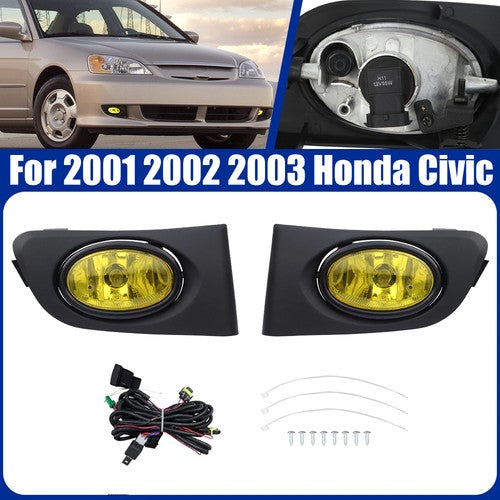 DURAFORCE Yellow Lens Front Driving Fog Light Kit Harness for 2001-2003 for Honda Civic