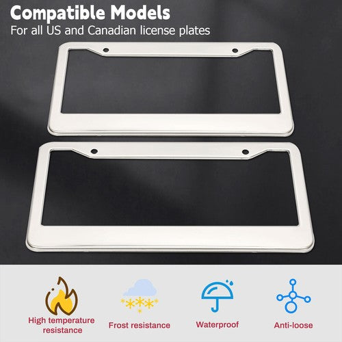 Chrome Stainless Steel Metal License Plate Frame Tag Cover With Screw Caps 2 Pack