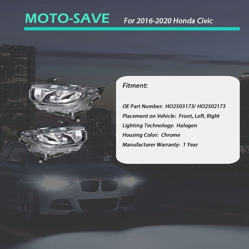 DURAFORCE Headlight Fit For Honda Civic 2016-2020 Headlamps Driver + Passenger Side Pair
