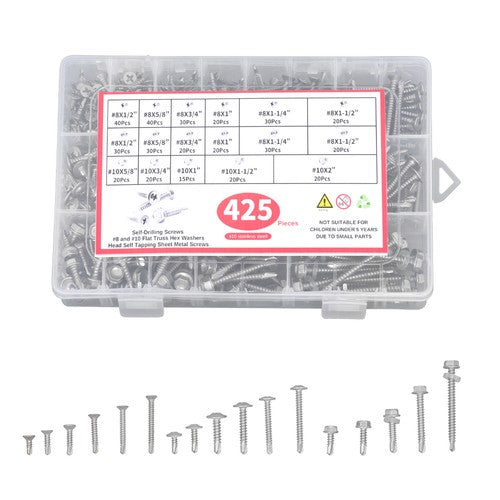 DURAFORCE 425 Pcs 410 Stainless Steel Self-Tapping Screws, #8 #10 Self-Drilling Set