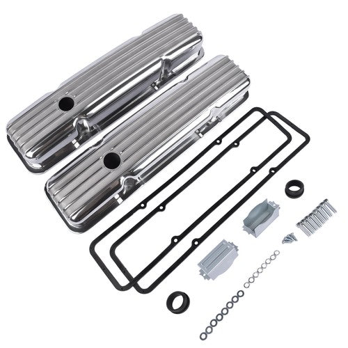 DURAFORCE Retro Finned Polished Aluminum Short Valve Covers Fits 1958-86 SBC Chevy 350 400