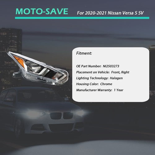DURAFORCE Headlight Halogen For Nissan Versa S SV 2020-2021 Headlamps Assembly RH Chrome