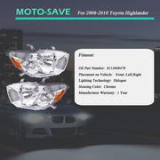 DURAFORCE Headlight Headlamps Assembly Fit For Toyota Highlander 2008-2010 LH+RH Side Pair