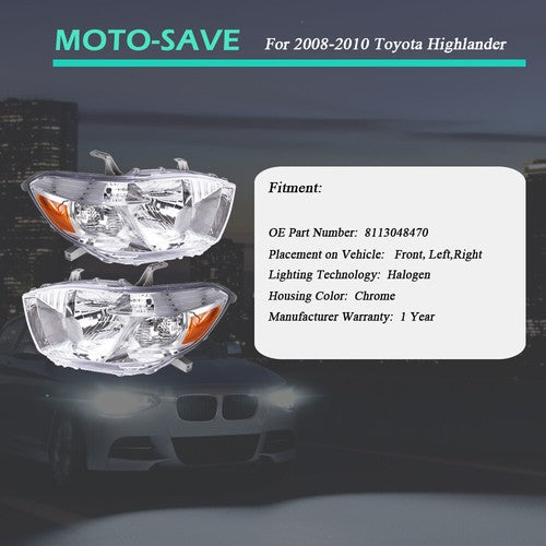 DURAFORCE Headlight Headlamps Assembly Fit For Toyota Highlander 2008-2010 LH+RH Side Pair