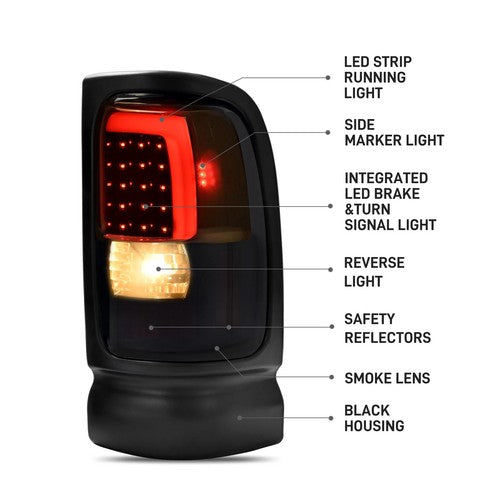 Smoke Black LED Tube Brake Tail Lights for 1994-2001 Dodge Ram 1500 2500 3500