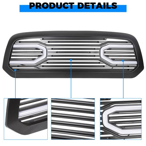 Front Upper Big Horn Black Grille Shell With Light for 2013-2018 Dodge Ram 1500