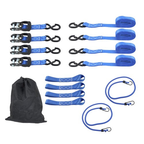 DURAFORCE 4 Pcs Steel Ratchet Strap Blue Fracture Strength 5208lbs 1.6in*15ft with S Hooks