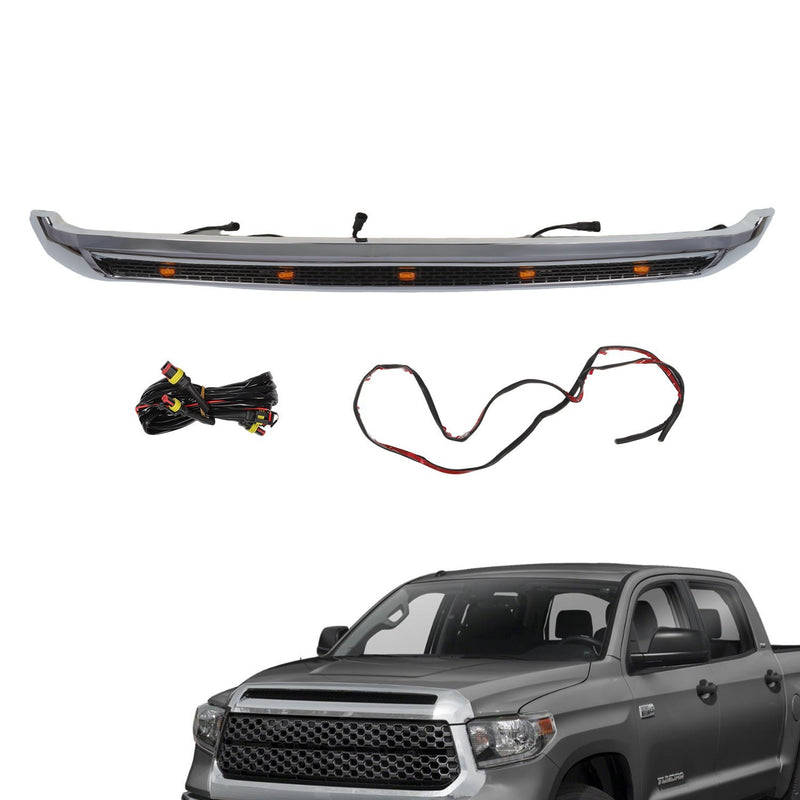 DURAFORCE Chrome Front Upper Hood Bulge Molding Grille w/Lights for 2014-21 Toyota Tundra