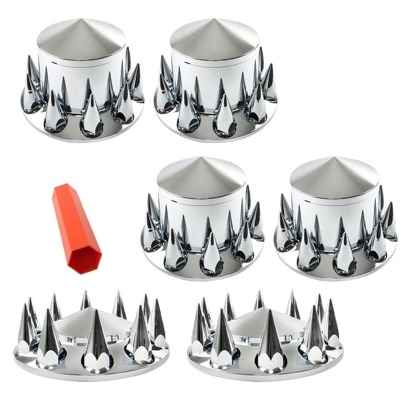 DURAFORCE Chrome 33mm Spiked Hub Cover Kit Front & Rear Semi Truck Wheel Axle Caps