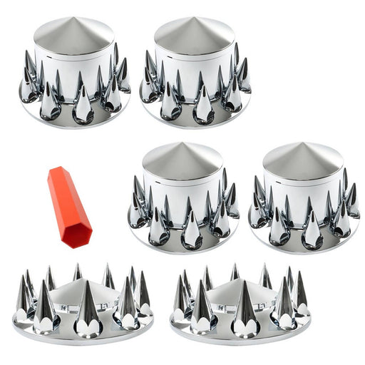 DURAFORCE Chrome 33mm Spiked Hub Cover Kit Front & Rear Semi Truck Wheel Axle Caps