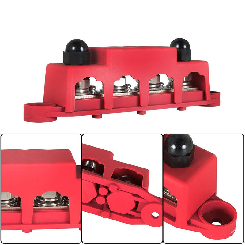 DURAFORCE 3/8" 250A 12V Red 4-Way Terminal Junction Block Busbar with Cover