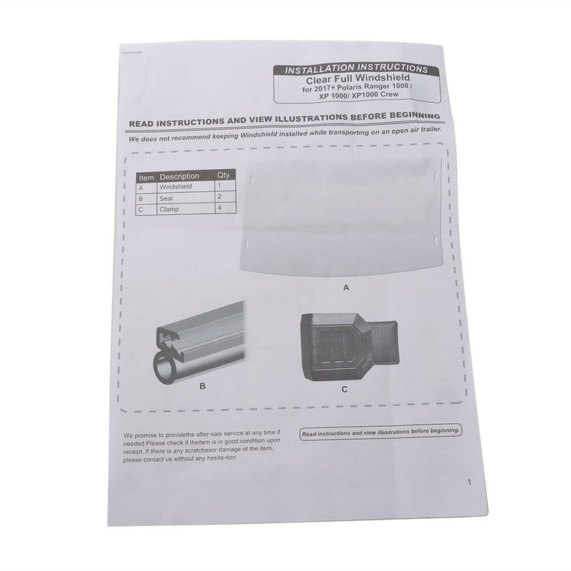 DURAFORCE Front Full Windshield for Polaris Ranger 570 XP 900 1000 Crew XP1000 2013-2023