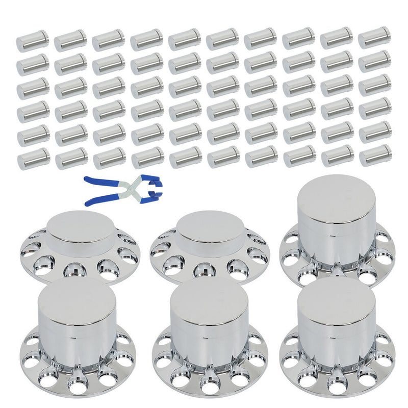 DURAFORCE Chrome Hub Cap Kit with 2 Front & 4 Rear Wheels + 33mm Flat Head Lug Nuts