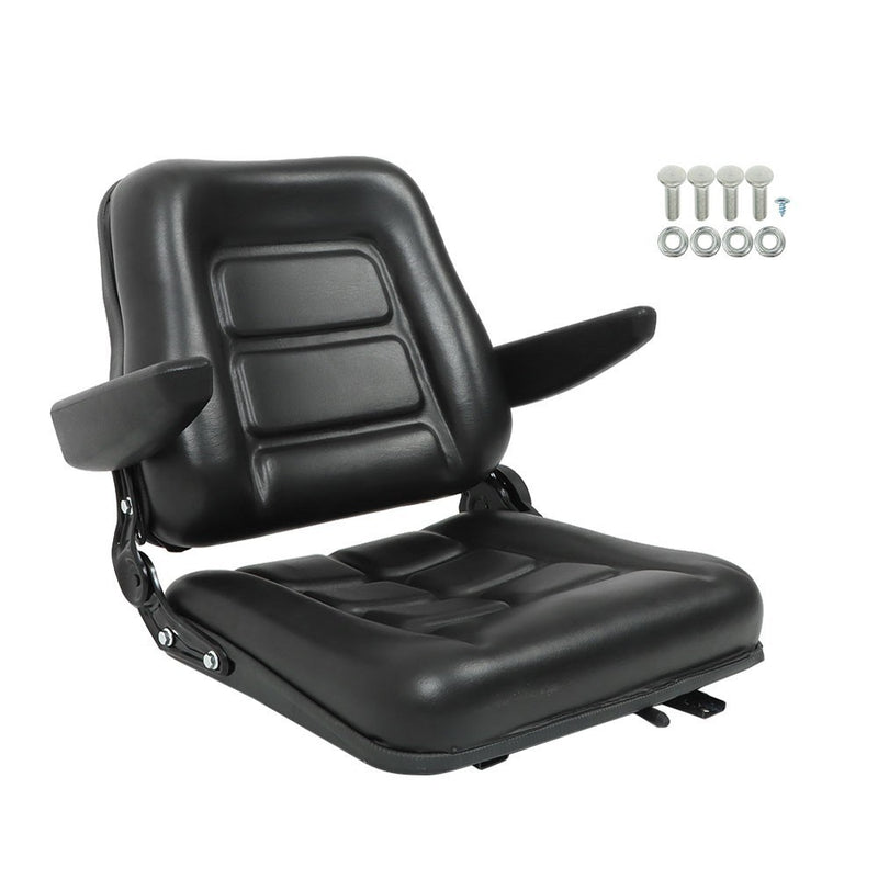 DURAFORCE Black Universal Forklift Seat PVC Tractor Seat Foldable w/ Armrests & Switch