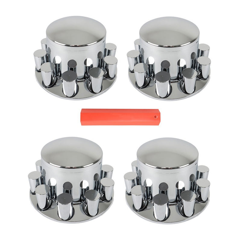 DURAFORCE Chrome Rear Wheel Hubcap Kit with 4 Flat Head 33mm Lug Nuts for Semi Truck