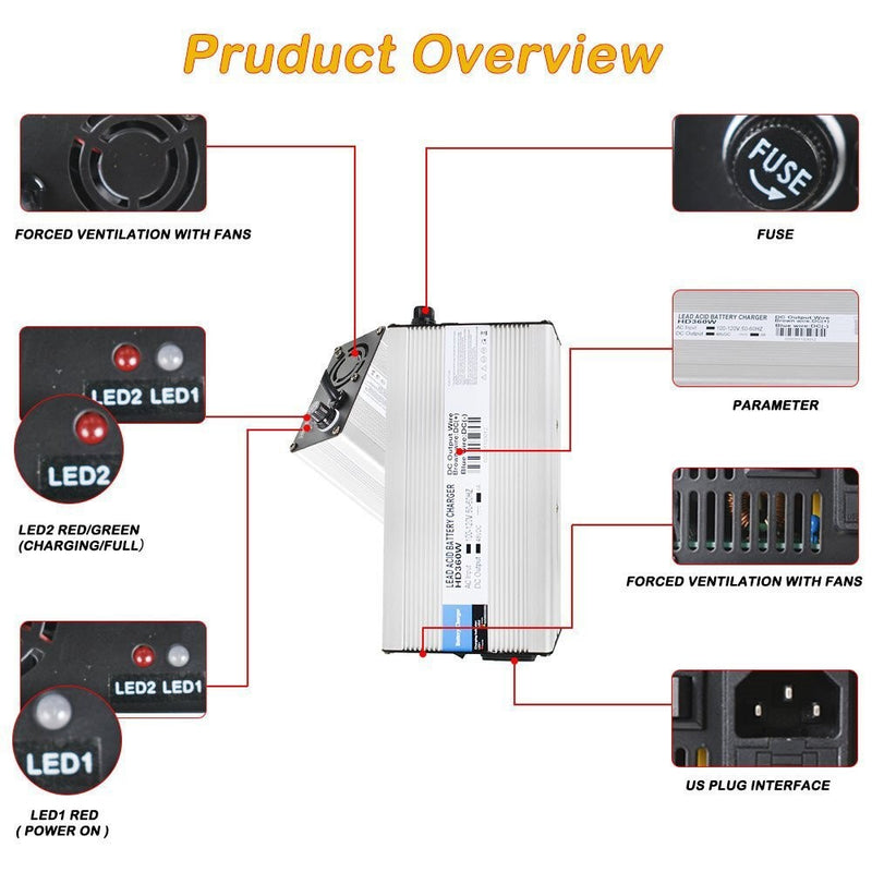 DURAFORCE 48V 6A Snap Head 3-Pin Battery Charger for EZGO Golf Cart Scooters