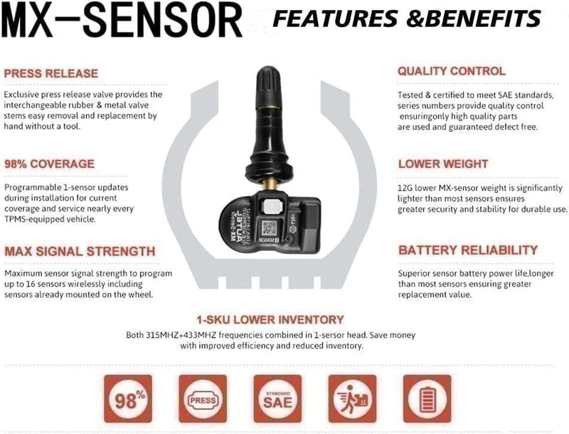 DURAFORCE Autel MX-Sensor 315/433MHz Universal Programmable TPMS Sensor