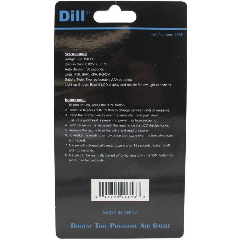 DURAFORCE Dill 5988 Digital Tire Gauge 0-100 PSI Backlit CARB Compliant Tool