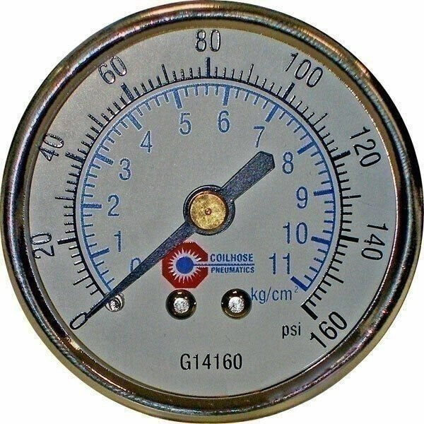 DURAFORCE Coilhose Pneumatics G14160 2" Back Mount Air Gauge 0-160 PSI 1/4" MPT
