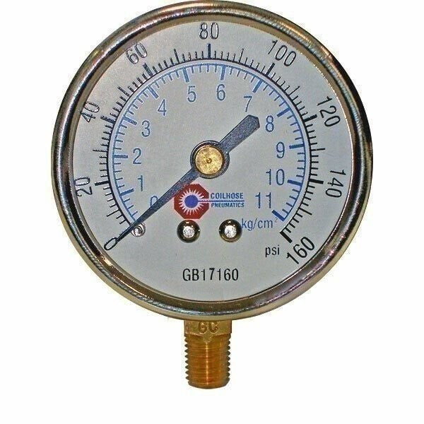 DURAFORCE Coilhose Pneumatics GB17160 3.5" Bottom Mount Air Gauge 0-160 PSI 1/4" MPT