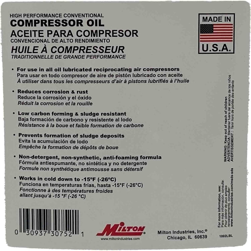 DURAFORCE Milton 1002 High Performance SAE 30W Air Compressor Oil - 1 Gallon