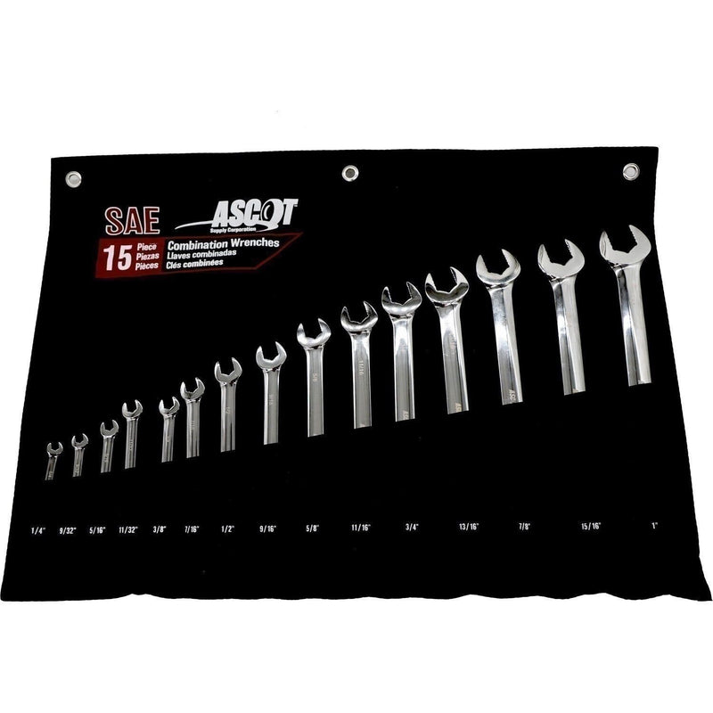DURAFORCE Ascot 15-Piece SAE Long Combination Wrench Set - Durable Hand Tools