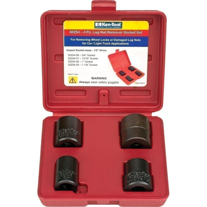 DURAFORCE Ken-Tool 30254 4pc Lug Nut Removal Impact Socket Set 1/2" Drive with Case