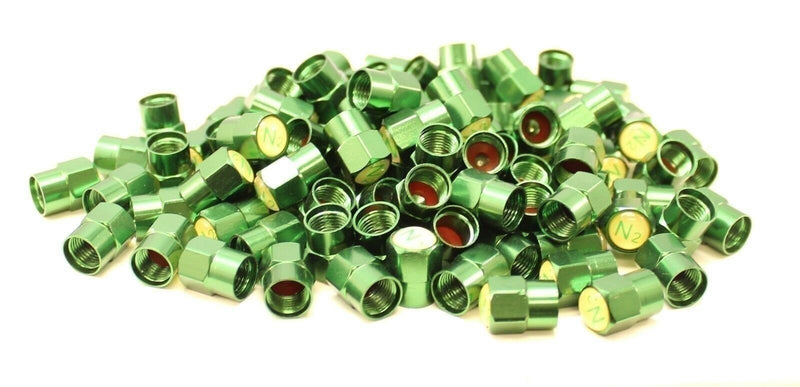 DURAFORCE Nitrogen N2 Green Aluminum Tire Valve Caps - Pack of 100 (59-0019)